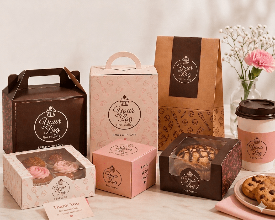 Custom bakery boxes with printed branding for cakes and pastries.